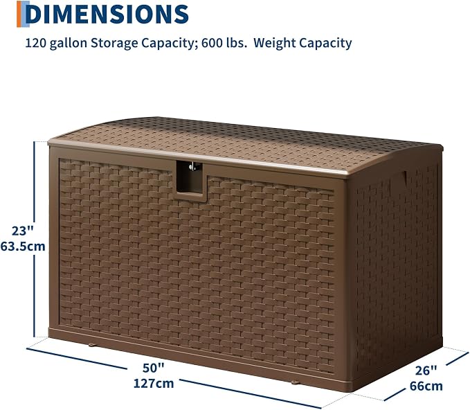 120 Gallon Outdoor Storage Box, Large Waterproof Resin Deck Box Indoor and Outdoor Use, Lockable Patio Storage Box for Garden Cushions, Tools, Equipment, Brown