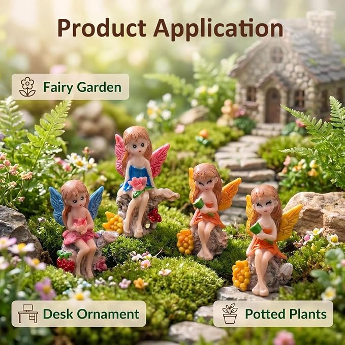 Suartus 4Pcs Miniature Fairy Garden Figurines, Resin Small Fairies Ornaments Mini Elf Statues for DIY Fairy Garden Outdoor Patio Yard Flower Pot Bonsai Micro Landscapes Craft Decoration Accessories