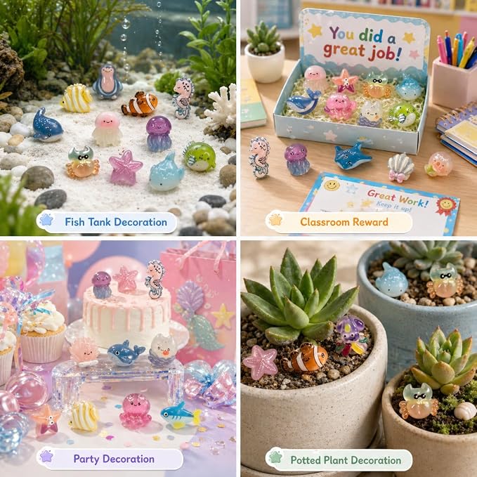 60 PCS Glow in the Dark Mini Resin Sea Animal Mystery Bags | Tiny Animal Figurines for Fairy Gardens, Classroom Prizes, Terrarium Decor, Party Favors, DIY Crafts