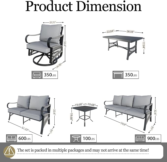 10 Pieces Patio Conversation Sets, All-Weather Metal Swivel Rocking Chairs with Rope Furniture Set, Outdoor Sofa Couch for Deck, Porch, Garden, Backyard, Poolside (Gray Cushions)