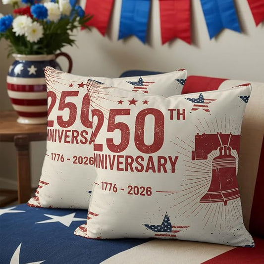 250th Anniversary Outdoor Pillow Covers 20"x20" Set of 2, Liberty Bell Stars Vintage 1776-2026 Waterproof Throw Pillow Covers for Patio Furniture, Decorative Cushion Covers for Porch