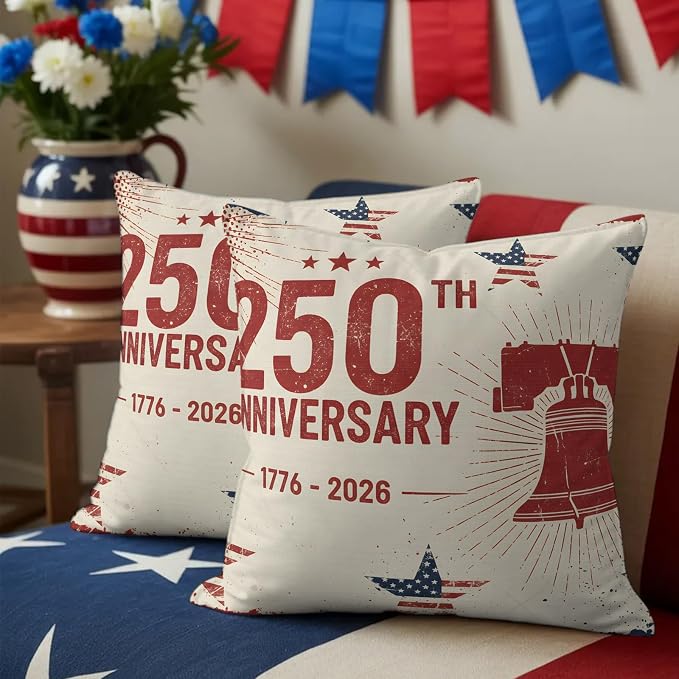 250th Anniversary Outdoor Pillow Covers 16"x16" Set of 2, Liberty Bell Stars Vintage 1776-2026 Waterproof Throw Pillow Covers for Patio Furniture, Decorative Cushion Covers for Porch