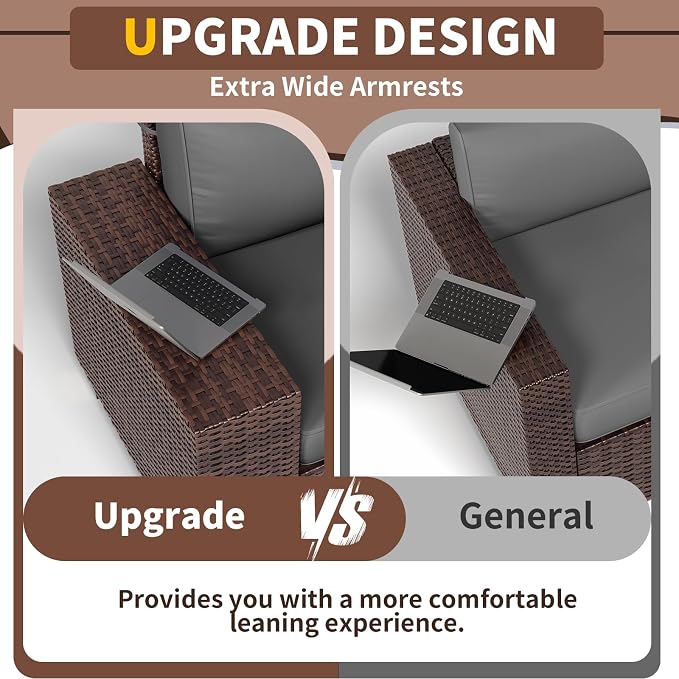 Outdoor Patio Furniture Set, 8‘’ Wide armrest Outdoor Sectional Rattan Sofa Set, Wicker Patio Furniture Sets w/Coffee Table,Thick Cushions for and Cover for Porch, Deck,8 PCS(Brown&Grey)