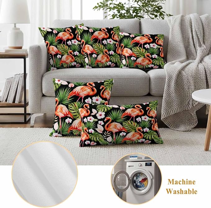 Pink Flamingos Outdoor Pillow Covers 16"x16" Set of 2, Green Tropical Leaf Hibiscus Flower Botanical Waterproof Throw Pillow Covers for Patio Furniture, Decorative Cushion Covers for Porch