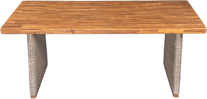 Christopher Knight Home Pasco Acacia Wood Outdoor Dining Table Set for 6, Wicker Patio Dining Set with Acacia Wood Table and Bench, Patio Table and Chair Set with Cushion+Rope Backrest,Brown+Teak+Grey
