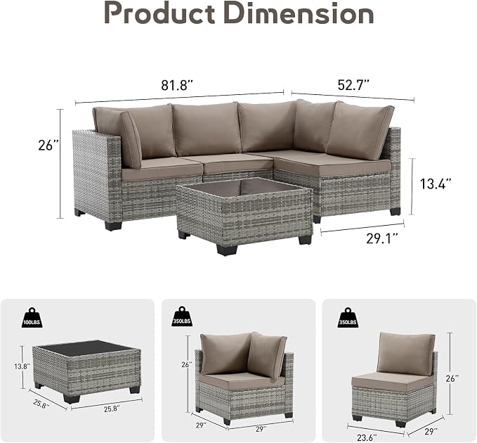 Bonzy Home 5 Pieces Outdoor Patio Furniture Set, PE Rattan Outdoor Sectional Furniture Sofa Set with Removable Cover and Glass Coffee Table, Patio Sofa for Balcony, Porch, Garden, (Grey-Khaki)