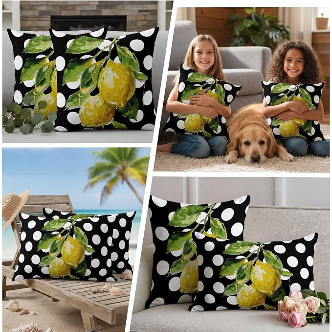 Waterproof Pillow Covers Set of 2,Farmhouse Yellow Lemon Green Leaf Outdoor Pillow Protectors with Zipper Pillowcases for Patio Tent Garden Beach 18x18 Inches Black White Polka Dot