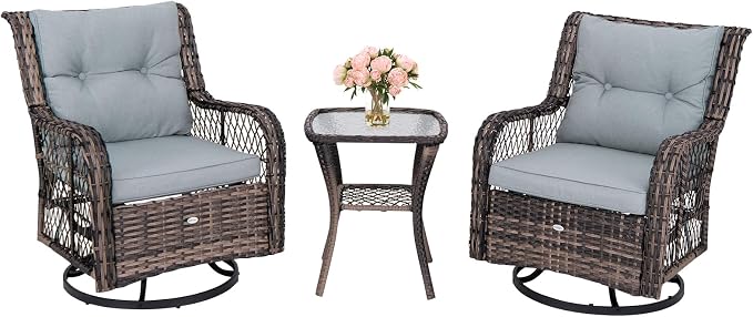 HAPPYGRILL 3 Pieces Outdoor Swivel Rocking Bistro Set with Side Table and Soft Cushions, PE Rattan Patio Furniture Set Glider Rocker Chair Set for Porch, Backyard, Garden and Poolside