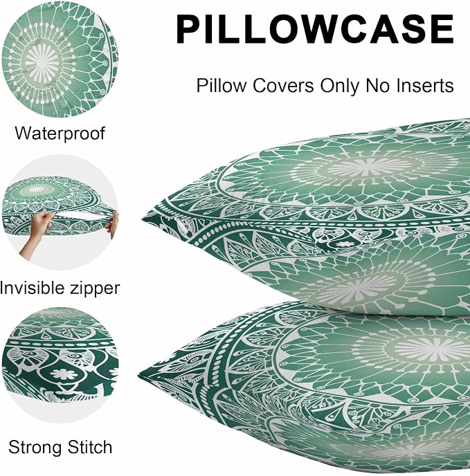Vandarllin Outdoor Throw Pillows Covers 18x18 inch Set of 2 Waterproof Green Boho Floral Decorative Zippered Cushion Covers for Patio Furniture, Bohemian Sacred Space Art Lumbar Pillowcases