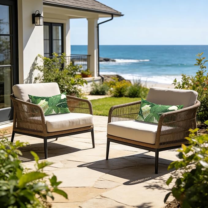 LVTXIII Set of 2 Patio Lumbar Pillows, 12”x20” Fade Resistant Outdoor Lumbar Pillow with Inners, Fluffy Decorative Garden Lumbar Cushions for Home Patio Coach Sofa Use, Swaying Palms Green