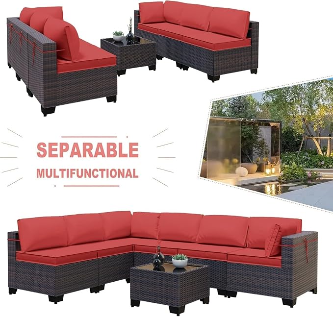 PE Rattan Outdoor Patio Furniture 7 Piece Set with Handwoven Wicker Sofa Sectional, Tempered Glass Coffee Table and 6 Cushions, Backyard Conversation Set for Deck Garden Poolside Lounge