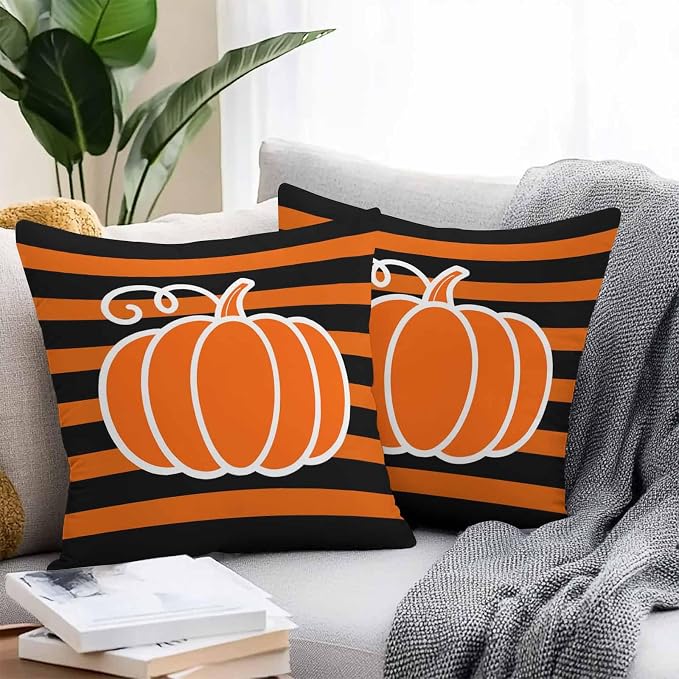 Orange Pumpkins Outdoor Waterproof Pillow Covers, Autumn Black Stripes Farmhouse Decorative Square Throw Pillowcase Sofa Cushion Sham for Patio/Couch/Chair, 20"x20" 2 Pack
