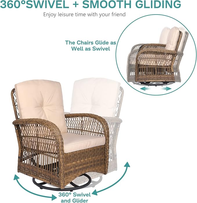 MEETWARM 3 Pieces Outdoor Wicker Swivel Rocker Patio Set, Rocking Chairs Rattan Patio Furniture Sets with Thickened Cushion and Glass-Top Coffee Table, Conversation Bistro Set for Porch (Light Brown)