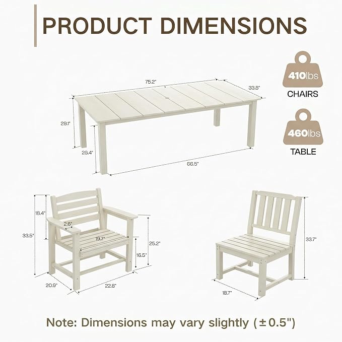 Kingdura 7 Piece Patio Dining Set for 6, 75.2'' HDPE Outdoor Dining Table Set with 2" Umbrella Hole, Weather-Resistant Outdoor Furniture, Table and Chairs Set for Backyard Pool Garden, White