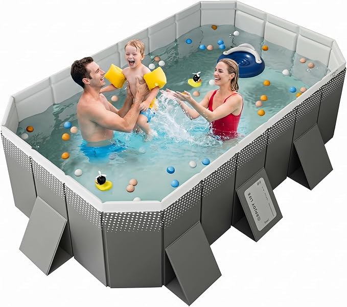 Foldable Swimming Pool, Rectangular Above Ground Swimming Pool for Outdoor Family Square Pool with Drain Plug and Drain Hole, Easy to Assemble Pool for Kids, Pets and Dogs(102.4" L x 65" W)