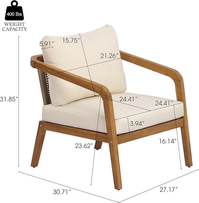 Merax Acacia Wood Outdoor Patio Club Chair with PE Wicker Backrest & Cushions– Modern Accent Armchair for Balcony, Poolside, and Sunroom