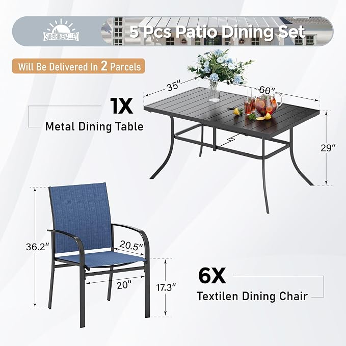 SUNSHINE VALLEY 7 PCS Patio Dining Set for 6, Rectangular Metal Dining Table with Umbrella Hole and 6 Chairs, Outdoor Table and Chairs Set for Lawn Garden Backyard and Deck, Blue