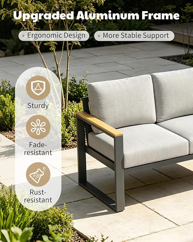 Aluminum Patio Furniture Set, 7 Seats Outdoor Patio Conversation Sets with Coffee Table, 6 Pieces Metal Conversation Sectional Furniture Sofa for Balcony, Garden, Deck, Backyard,Gray