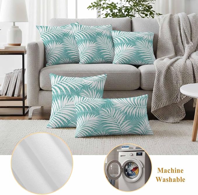 Vandarllin Outdoor Throw Pillows Covers 26x26 inch Set of 2 Waterproof Tropical Palm Leaves Decorative Zippered Cushion Covers for Patio Furniture, Aqua Summer Beach Leaf Lumbar Pillowcases