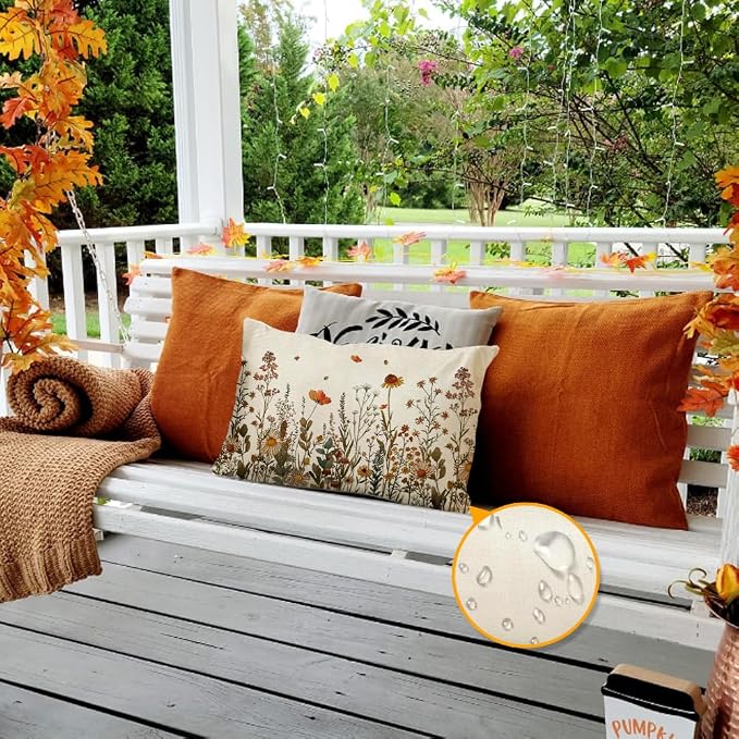 RABUSOFA Fall Outdoor Pillow Covers 12x20 Waterproof Floral Lumbar Decor | Autumn Harvest Thanksgiving,Not Insert,Machine Washable,Invisible Zipper,Fall Decorations for Home Sofa Patio Farmhouse