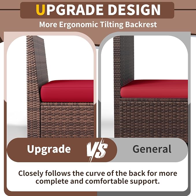 Outdoor Patio Furniture Set, 8‘’ Wide armrest Outdoor Sectional Rattan Sofa Set, Wicker Patio Furniture Sets w/Coffee Table,Thick Cushions and Cover for Porch, Balcony,Deck,8 PCS (Brown&Wine)