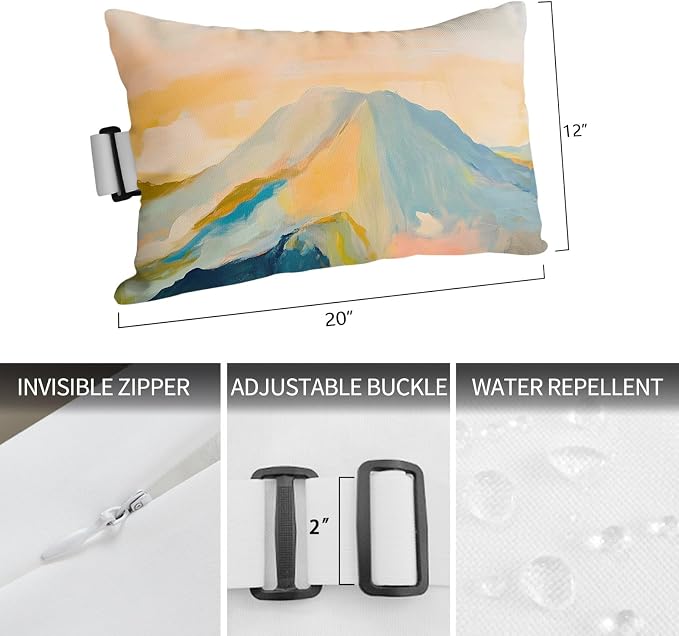 Colorful Mountain Outdoor Pillows for Chaise Lounge Chair Beach Headrest Pillow Set of 2 Waterproof Lumbar Pillows with Insert&Adjustable Strap Farmhouse Abstract Natural Scenery Pool Pillow 12"x20"
