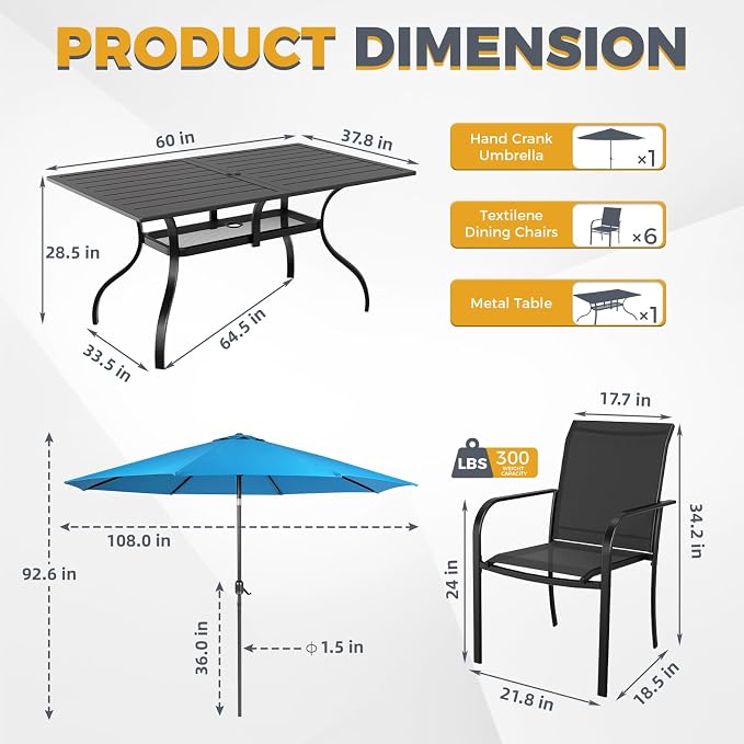 Incbruce 8 Pieces Patio Dining Set with Sky Blue Umbrella, Outdoor Dining Set of 6 Textilene Chairs and Rectangle Table with Umbrella Hole for Backyard, Garden, and Poolside (Black)