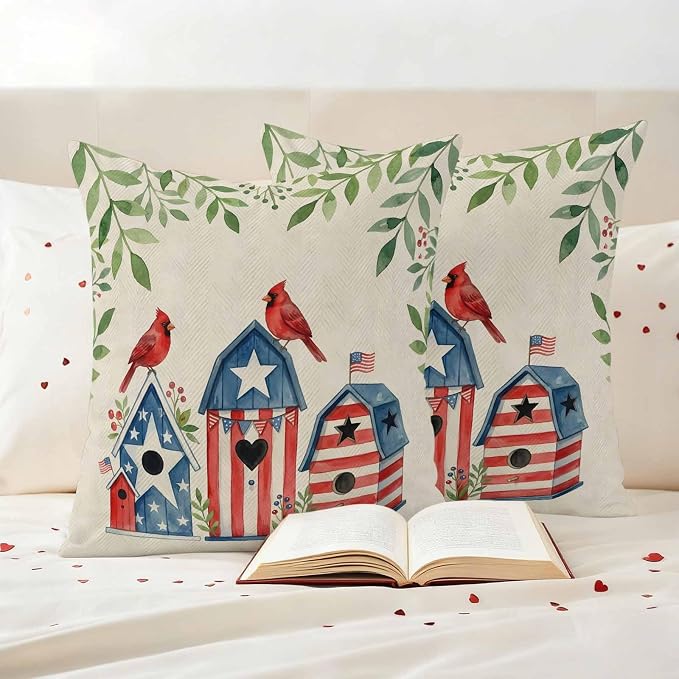 American Flag Bird House Outdoor Pillow Covers Waterproof, All Weather Cushion Case Set of 2, Green Eucalyptus Beige 250th Decorative Pillowcases for Sofa Couch Bed Decor Patio Furniture 20"x20"