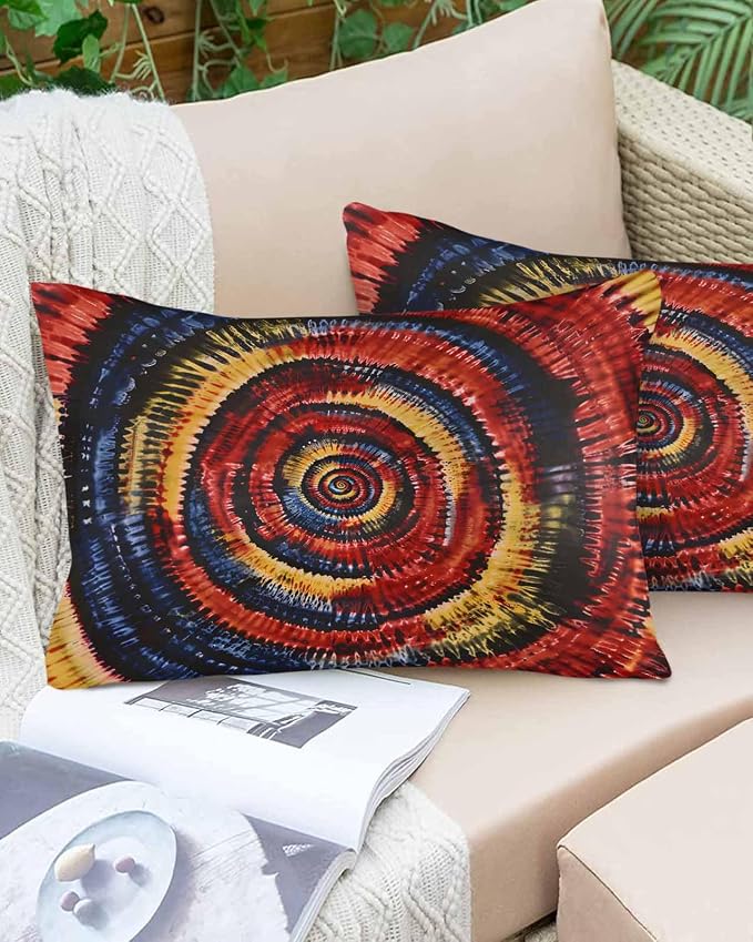 Vandarllin Outdoor Throw Pillows Covers 20x12 inch Set of 2 Waterproof Yellow Black Tie-Dye Art Decorative Zippered Cushion Covers for Patio Furniture, Abstract Boho Tribe Lumbar Pillowcases