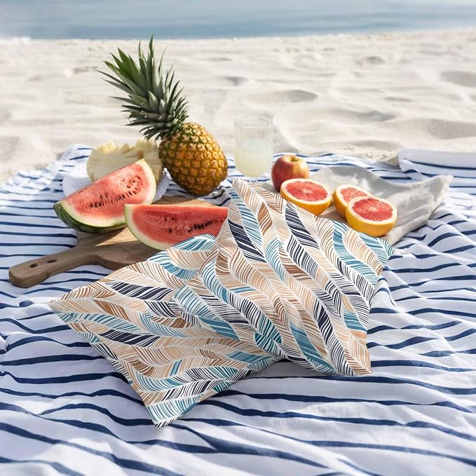 Vandarllin Outdoor Throw Pillows Covers 26x26 inch Set of 2 Waterproof Summer Beach Decorative Zippered Cushion Covers for Patio Furniture, Yellow Blue Ombre Abstract Leaf Lines Lumbar Pillowcases