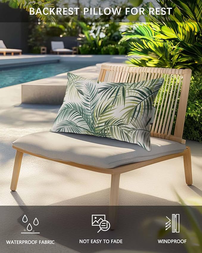 Outdoor Lumbar Pillows with Strap & Insert Green Palm Leaves Recliner Head Pillow Pack of 2 Tropical Leaf Plant Waterproof Headrest Patio Lounge Chair Pillows for Beach Pool Office Chaise Chair 11x16