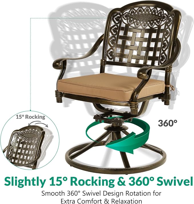 VIVIJASON 9-Piece Outdoor Dining Set, Cast Aluminum Patio Table & Chair Furniture Set for 8, Include Large 64" Square Dining Table, 4 Swivel Rocker Chairs, 4 Stationary Chairs, Umbrella Hole, Khaki