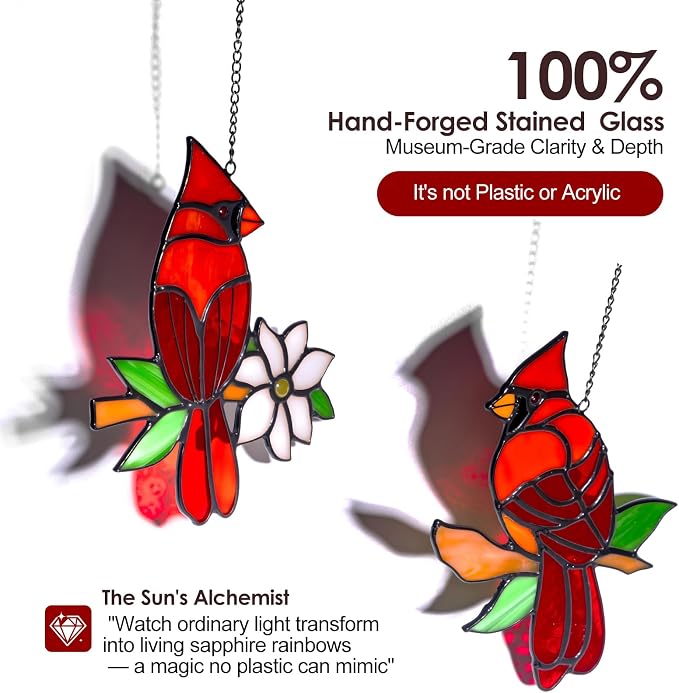 2 Pcs Cardinal Stained Glass Window Hanging Suncatchers, Sympathy Gifts for Loss of Loved One, Unique Nana Grandma Memorial Gift, Bird Decor & Christmas Ornament (6 Inch)