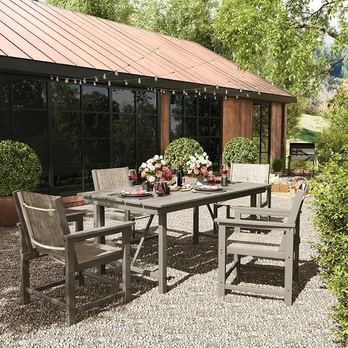 UDPATIO HDPE Outdoor Dining Set Patio Furniture Heavy Duty | Table Easy to Assembly Umbrella Hole All-Weather for Pool Garden Backyard Indoor Kitchen Light-grey