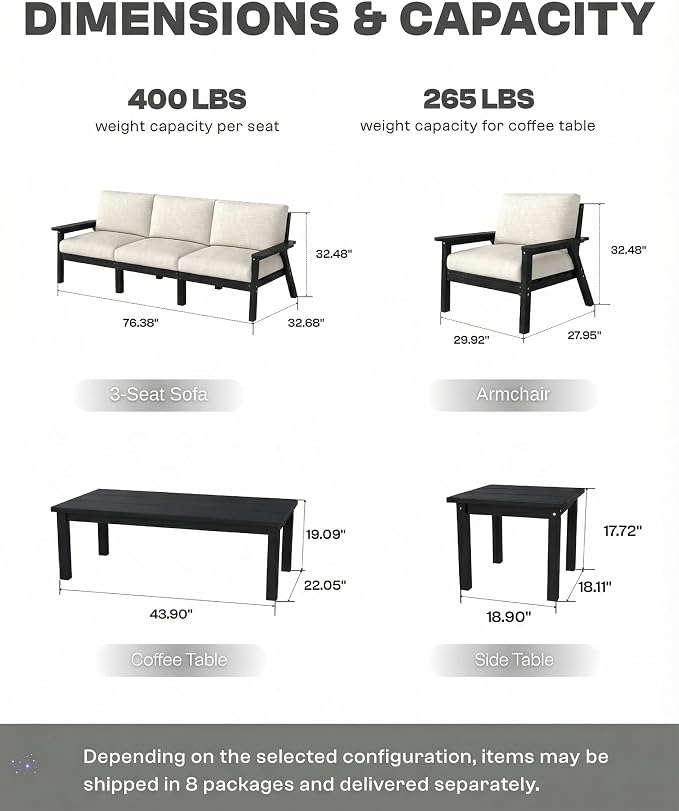 2 Piece HDPE Outdoor Furniture Set with Beige Cushions (Black Frame) | All-Weather HDPE, Modular Design, Extra-Deep Seating, Thick Cushions, Ideal for Backyard, Deck & Porch