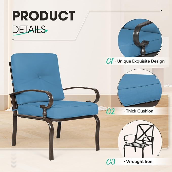 Incbruce 7 Piece Wrought Iron Patio Furniture Set Metal Outdoor Conversation Sets (Loveseat, Coffee Table and Bistro Table, 2 Spring Chair, 2 Dining Chairs) with Cushion (Peacock Blue)