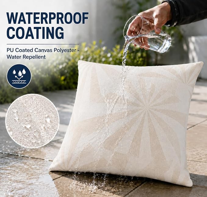 Outdoor Pillow Covers Waterproof Throw Pillow Covers, Set of 2 Jacquard Texture Water Resistant Fade Resistant Decorative Cushion Covers for Garden Patio Bench Couch Sofa, 18x18 Inch (Sunlight Rays)