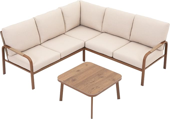 Aluminum Patio Furniture Set with Coffee Table, 4 Pieces Outdoor Couch Sectional, L Shaped Patio Sofa, Outdoor Seating Conversation Set,Beige