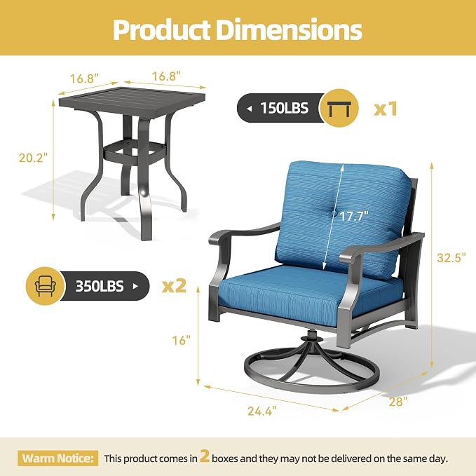 Outdoor Swivel Rocking Chairs, 3 Piece Metal Patio Rocker Chair w/Coffee Table, Aluminum Patio Bistro Furniture Set with 5" Thickened Cushions for Porch, Yard, Balcony, Blue