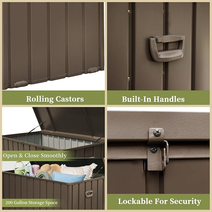 ChicFurnit Outdoor Storage Box, 200 Gallon Deck Box with Lockable Metal Lid & Portable Side Handles, Outdoor Storage Bin with Stable Support Rod, Soft Close Mechanism & Mobility Rollers, Dark Brown