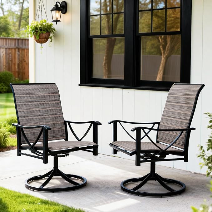 Gotland Patio Swivel Chairs Set of 2, Outdoor Dining Chairs with Breathable Teslin Seat Cushion & Backrest, 360° Outdoor Swivel Chairs with Metal Frame, Patio Dining Chairs for Deck Garden Brown