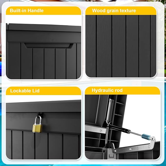 ROJIK 280 Gallon Waterproof Outdoor Deck Storage Box, Lockable Resin Patio Storage Bin with Lid for Garden Tools, Patio Cushions & Outdoor Accessories(Black)