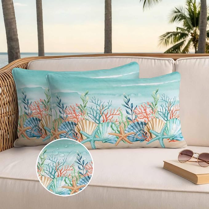 Lumbar Pillow Covers 20x12 Inch Set of 2, Coastal Beach Waterproof Outdoor Pillow Covers, Ocean Wave Summer Sea Starfish Coral Teal Beige Decorative Cushion Pillowcases for Couch, Sofa, Bed, Patio