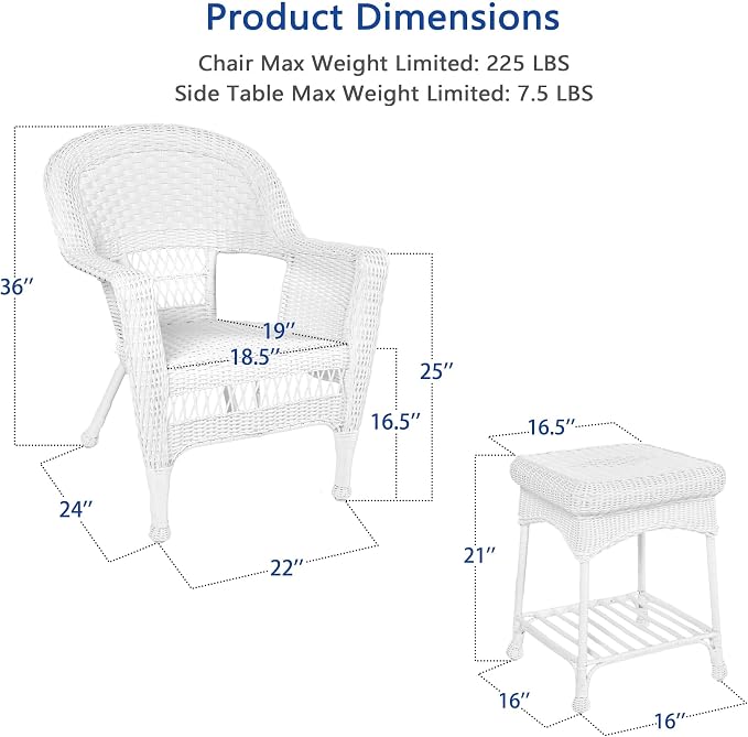 Jeco 3 Piece Wicker Chair and End Table Set without Cushion, White