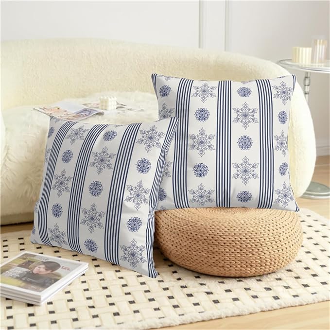 Winter Pillow Covers Blue and White Porcelain Blue Snowflakes Striped Throw Pillow Covers Navy Blue Floral Pillowcase 18x18 Set of 2 Neutral Cushion Case for Couch Sofa