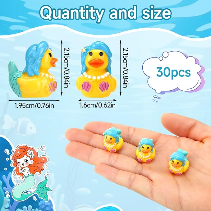 30 Pcs Mermaid Ducks, Mini Mermaid Resin Ducks Bulk | Fun Printed Toy Figures for Birthday Party Favors, Themed Decor, Kids Gift Collection (Ocean Princess Duck)