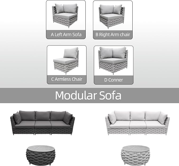 Khaki Gray 3-Seat Modular Outdoor Sofa Set with Round Coffee Table, All Weather Woven Rope Patio Sectional Couch with Cushions for Backyard Balcony Deck