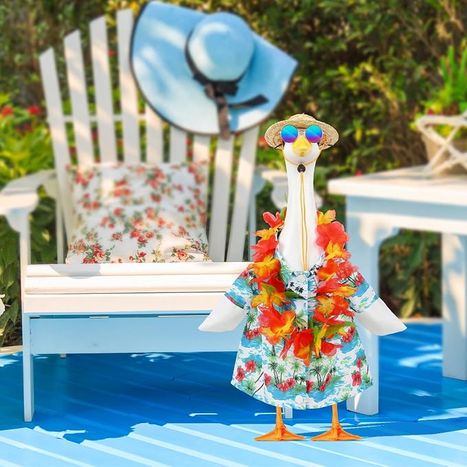 4 Pcs Hawaiian Porch Goose Outfit for 23 In Goose Statue Costume | Summer Porch Goose Outfits with Straw Hat Sunglasses and Lei, for 23 Inch Cement Goose, Luau Party Yard Garden Summer Decor