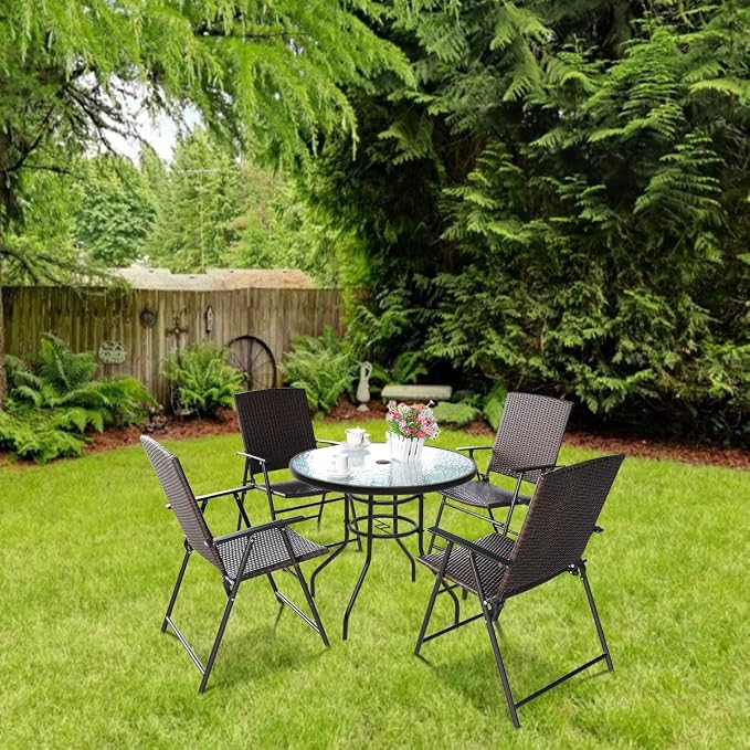 S AFSTAR 5 Pieces Patio Dining Set, 4 Folding Chairs with Table, Portable Wicker Chairs Furniture Set for Outdoor Garden Backyard (4 Chairs w/ 28''H Classic Round Table)