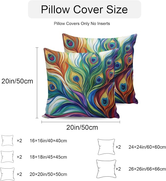 Colorful Peacock Feathers Outdoor Pillow Covers 18x18 Inch Throw Pillow Covers Set of 2 Waterproof Decorative Pillow Cases Oil Painting Abstract Art Cushion Covers for Patio Furniture Garden Couch
